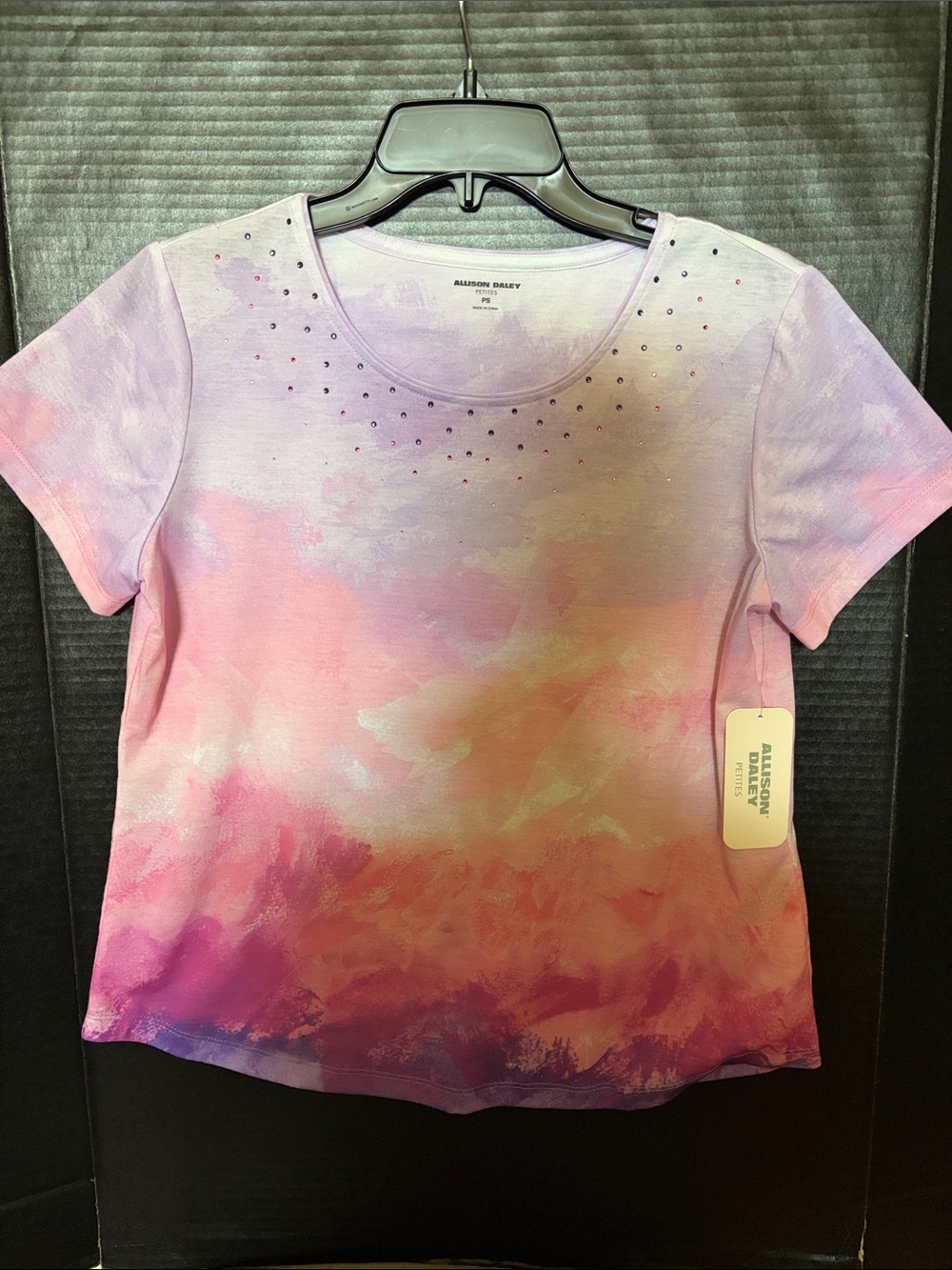 Allison Daley Pink Lavender Ombre Short Sleeve Top with Rhinestones